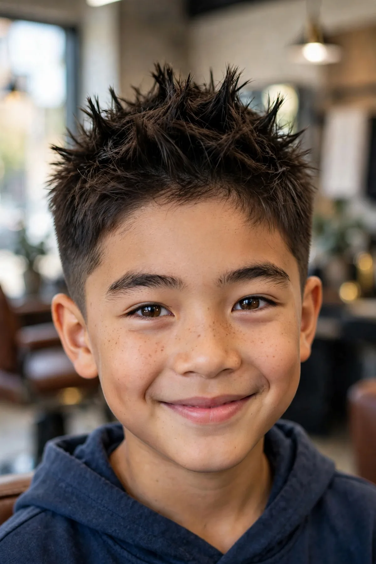 Young Asian boy with a spiky textured top asian boy haircut, playful spikes and short sides