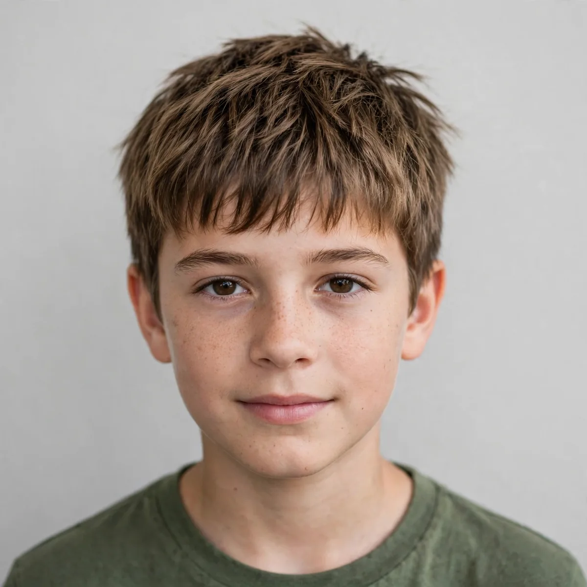 Boy with a short shaggy haircut, cropped choppy layers and a short textured fringe