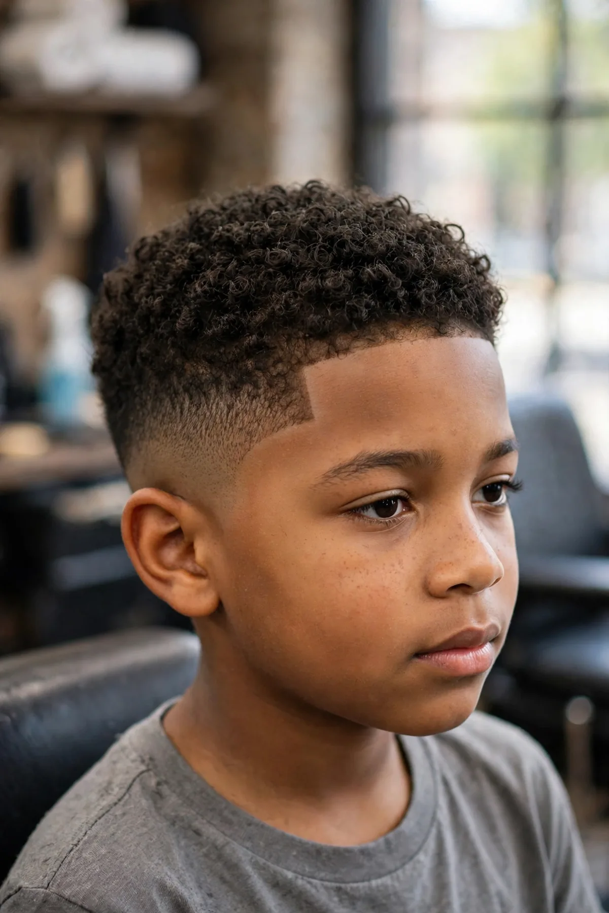 Boy with a short curly top fade haircut for boys — short natural curls on top with tapered fade sides