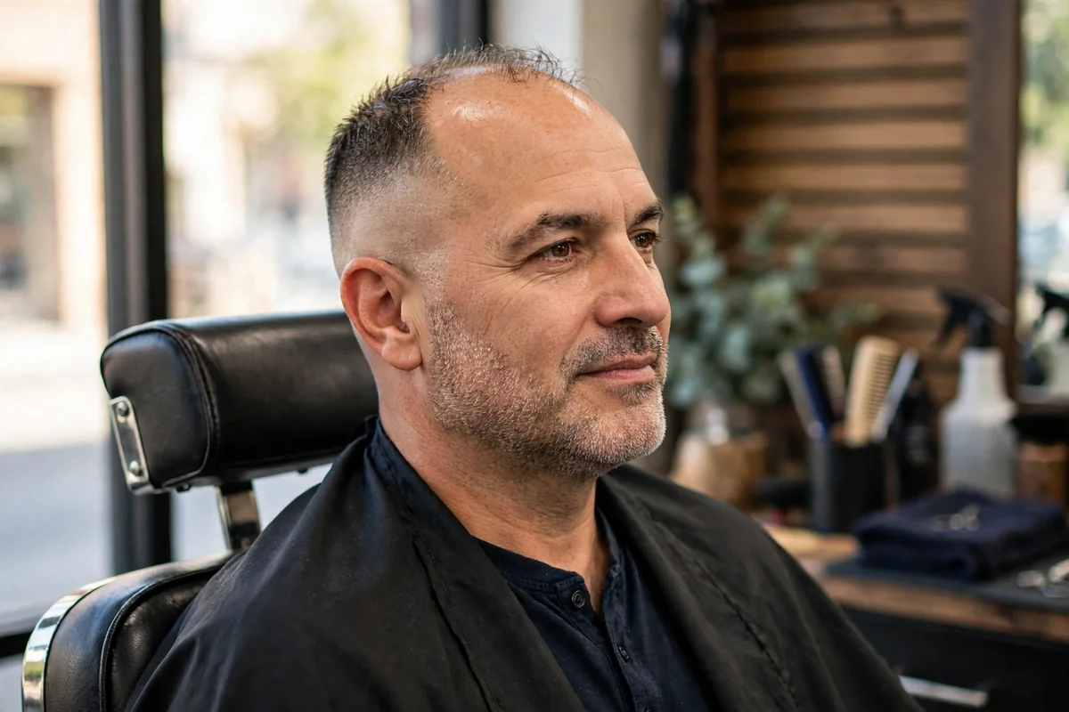 Low bald fade haircut for balding men, skin fade low on sides with short top