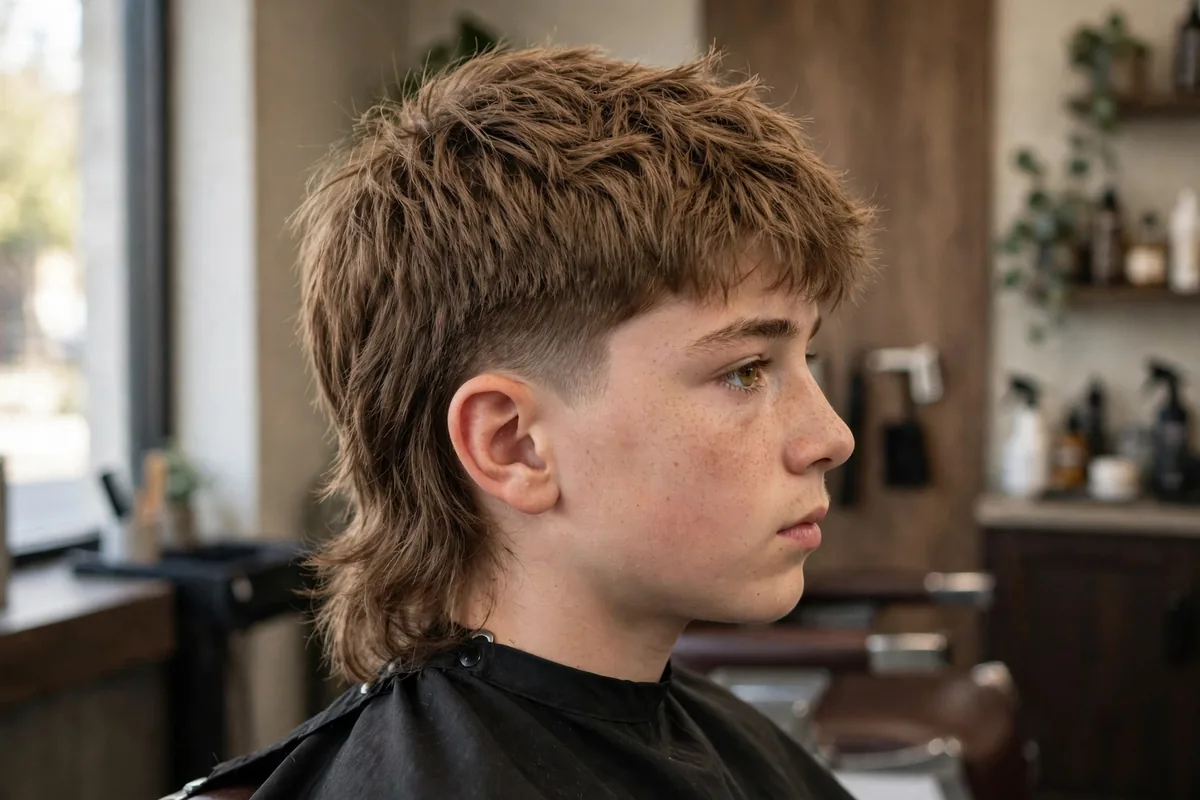 Photorealistic photo of a teen boy with a modern mullet, shorter textured top with longer flowing layers at the back, edgy premium barbershop styling. A bold modern longer boy haircut.