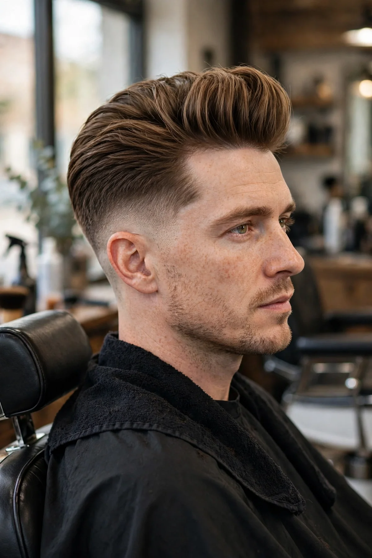 Quiff low skin fade haircut, tall swept-up front with volume, low skin fade keeping the sides tight and clean