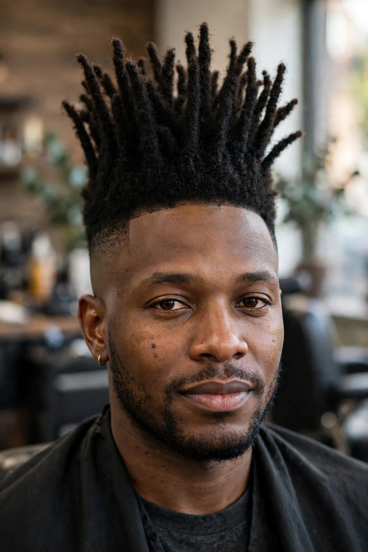 High top dreads haircut, tall locs standing upright with faded sides on a man, bold barbershop photography