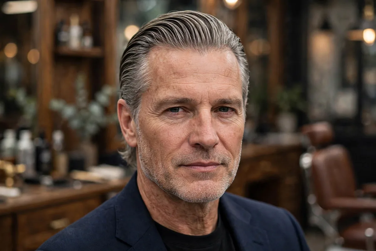 Longer slick-back old money haircut men — elegant long top brushed back over neat sides