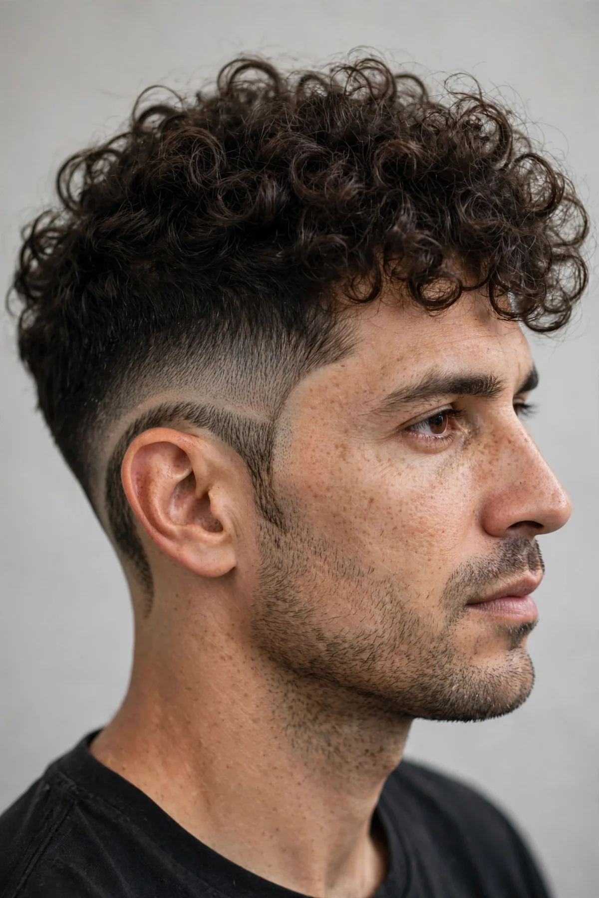 Curly top with mid drop fade haircut, defined curls barbershop photo