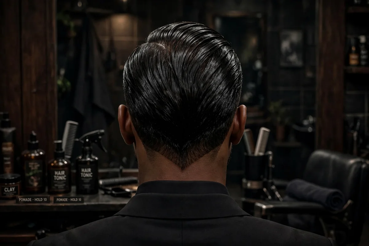 Slicked back V haircut for men with glossy top and clean V nape