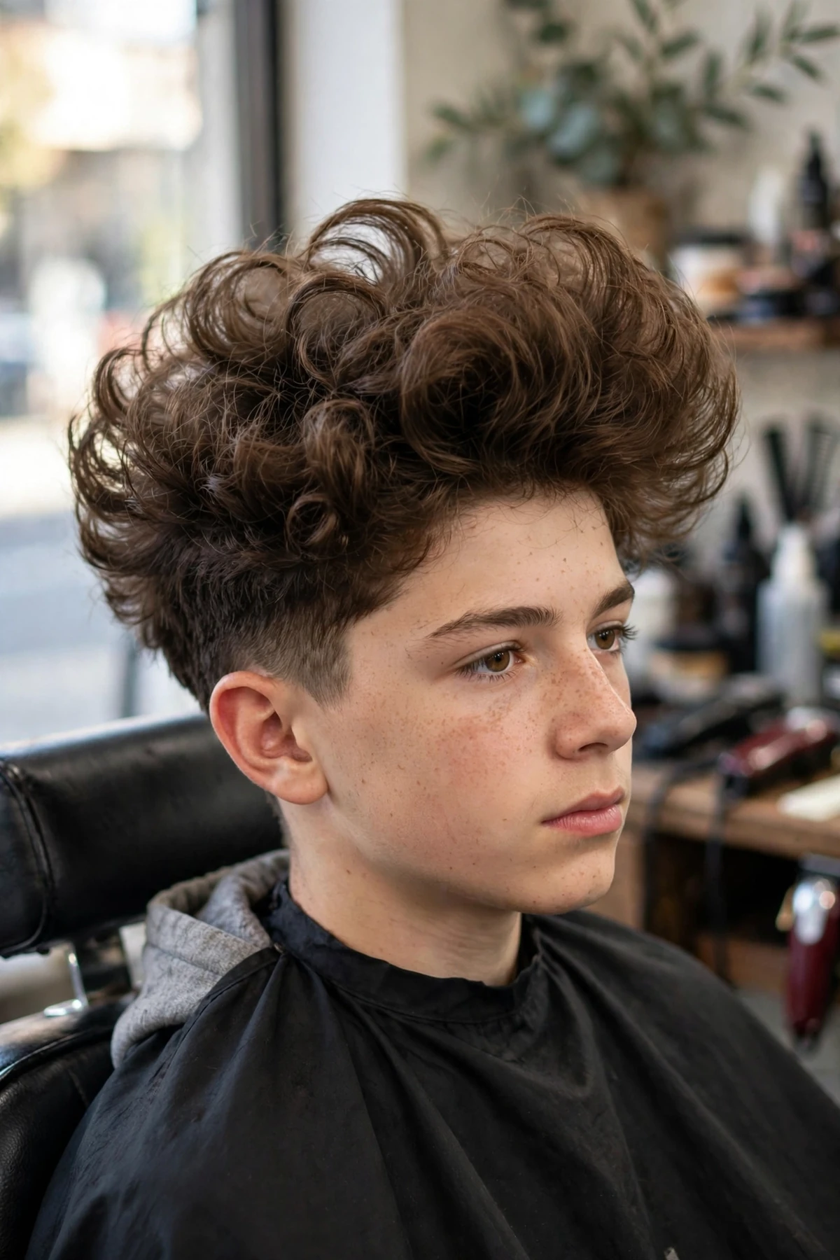 Curly blowout boys haircut with voluminous curls blown upward in a diffused finish