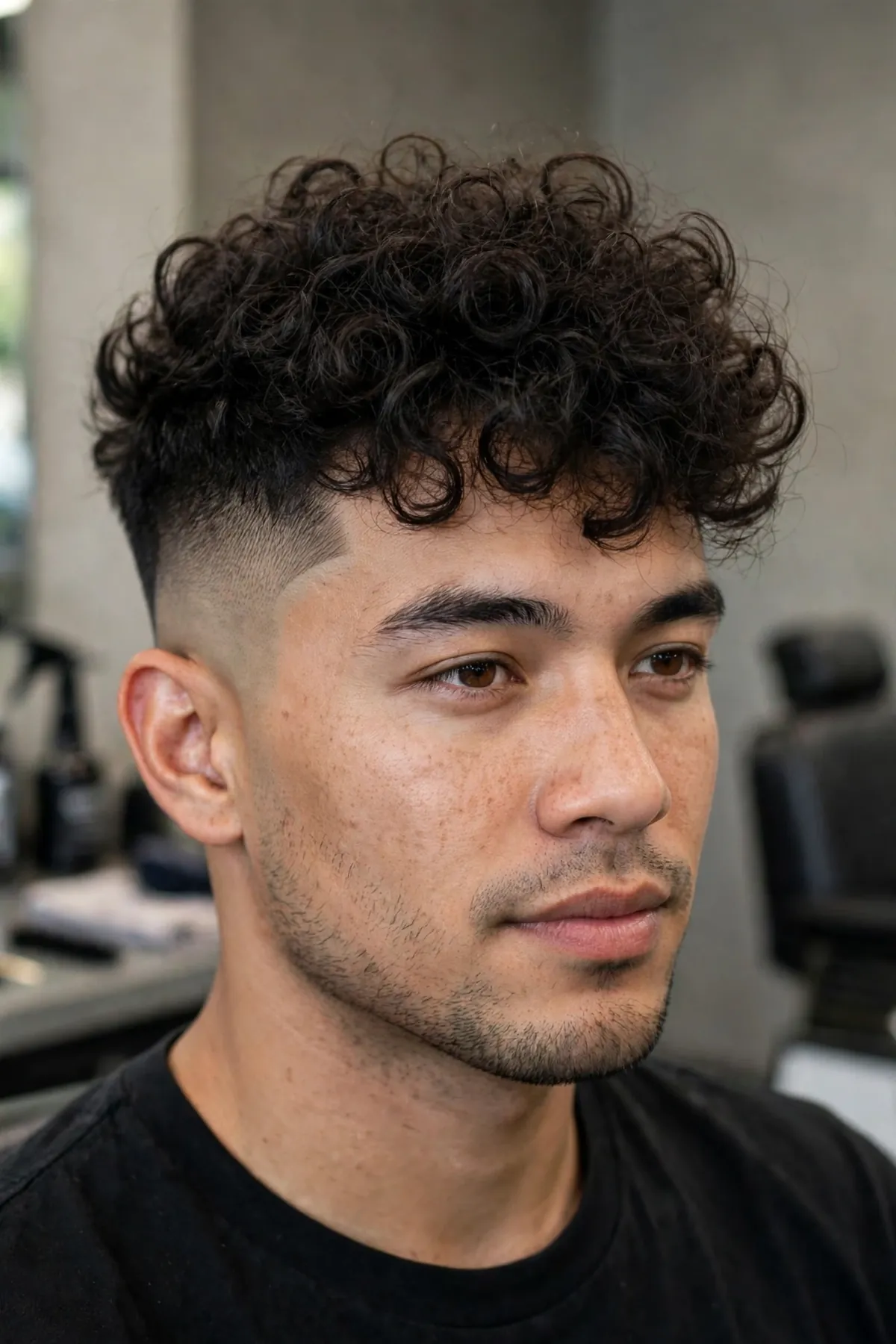 Curly top with a high skin fade, natural curls and skin-tight faded sides