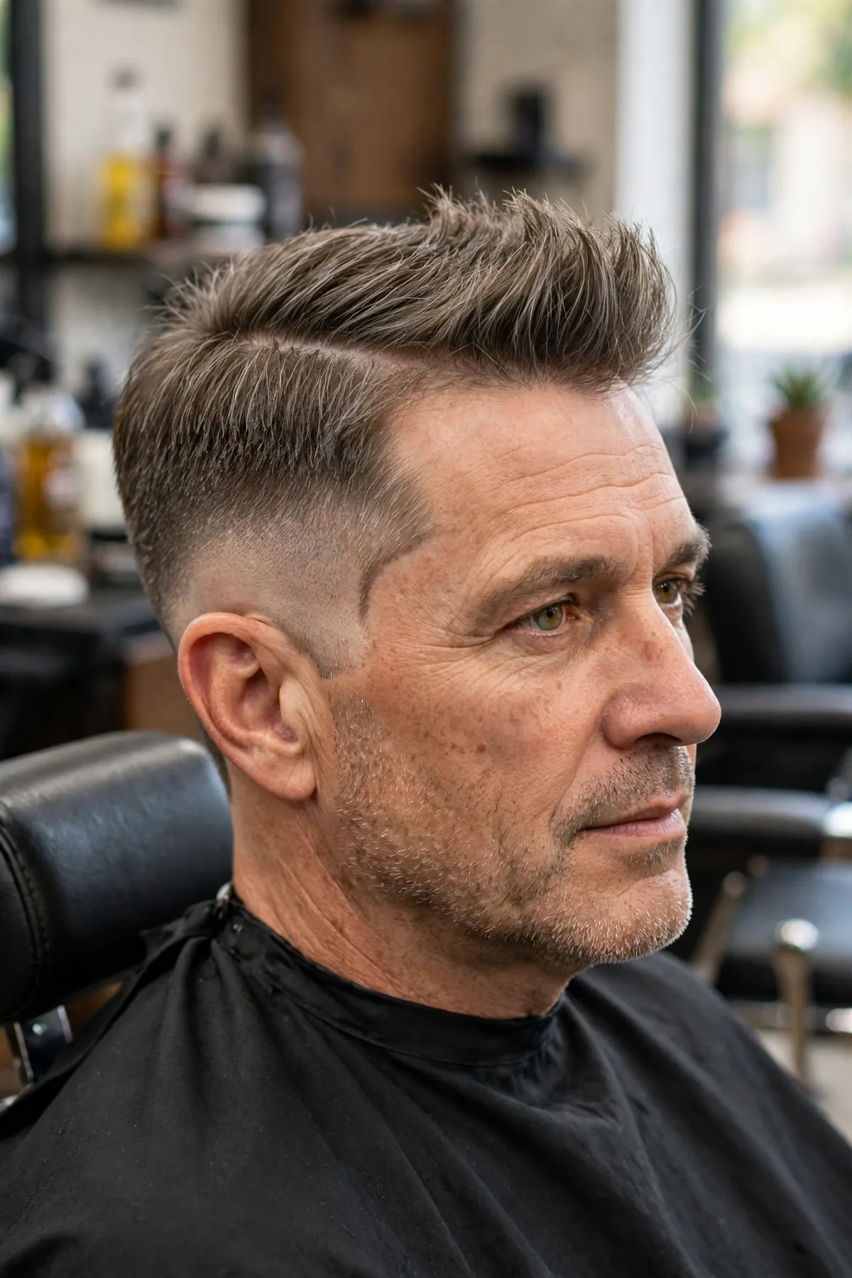 Mature man with soft faux hawk haircut and drop fade, modern textured center strip