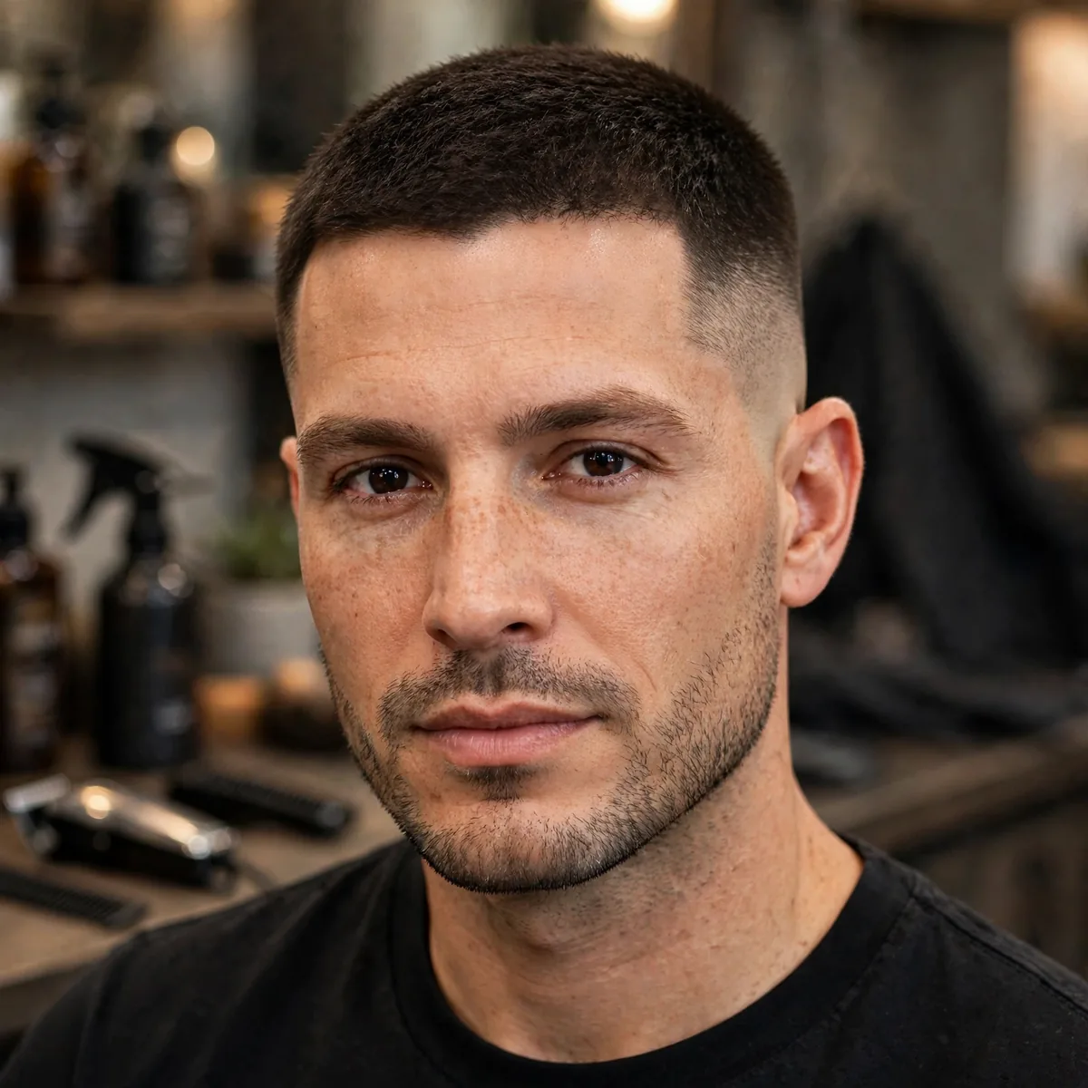 Short top with subtle taper fade around ears and neckline, a clean professional simple haircut for men