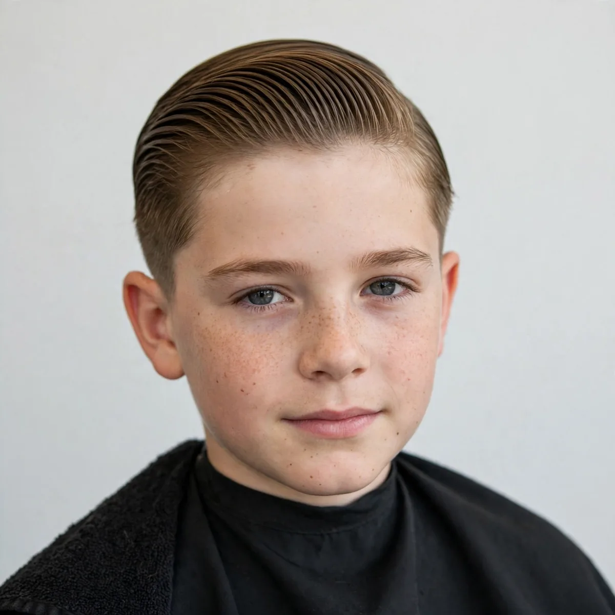 Slicked back haircut on a 10 year old boy, a smooth classic boys hairstyle