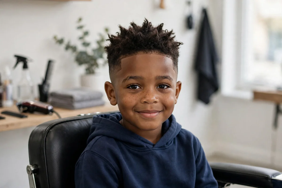Boy with spiky hair and taper fade, textured spikes on top with clean tapered sides, a fun kids haircut for boys