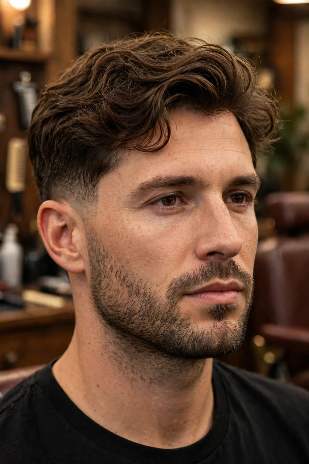 Shadow fade haircut for wavy hair on a man, natural loose waves on top, soft shadow stubble fade at the sides, relaxed textured look