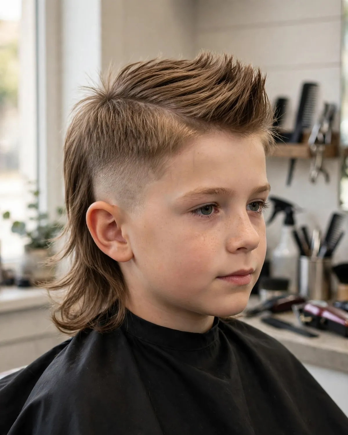 Mohawk mullet boys haircut photo — narrow spiked strip on top, faded sides, long back