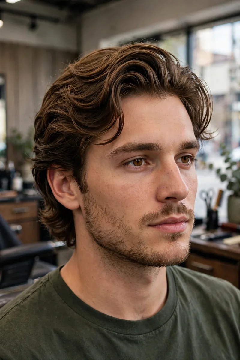 Wavy bro flow haircut for men — grown-out flow with waves brushing back off the face