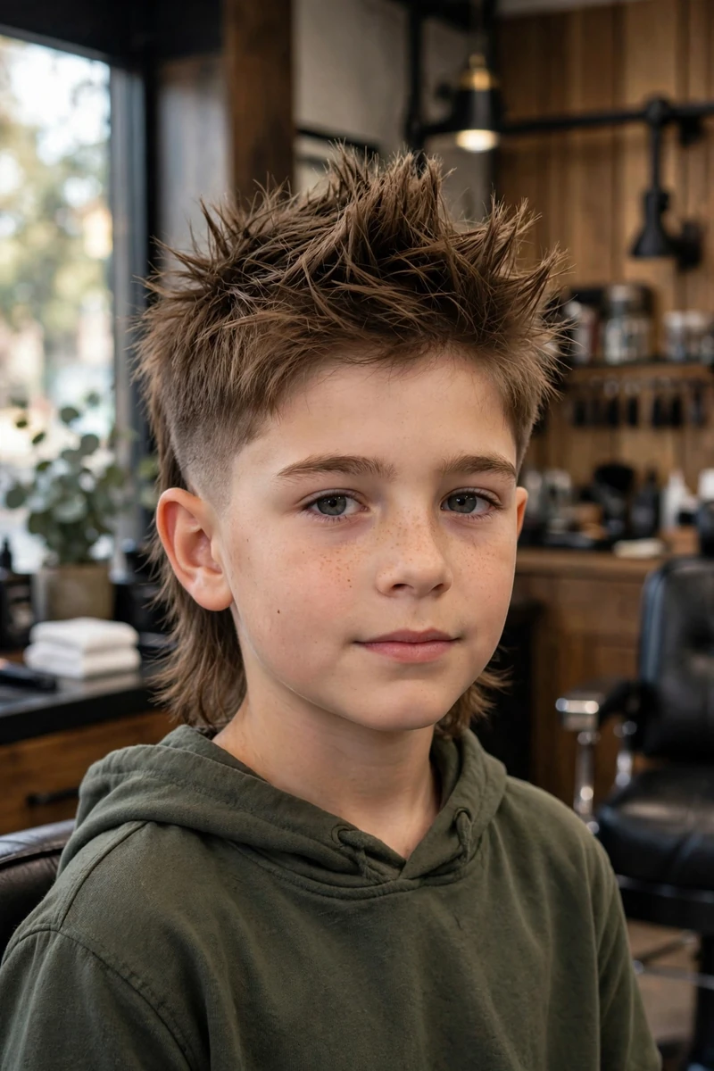 Boy with a spiky kids mullet haircut — spiked textured top, clean faded sides, longer back