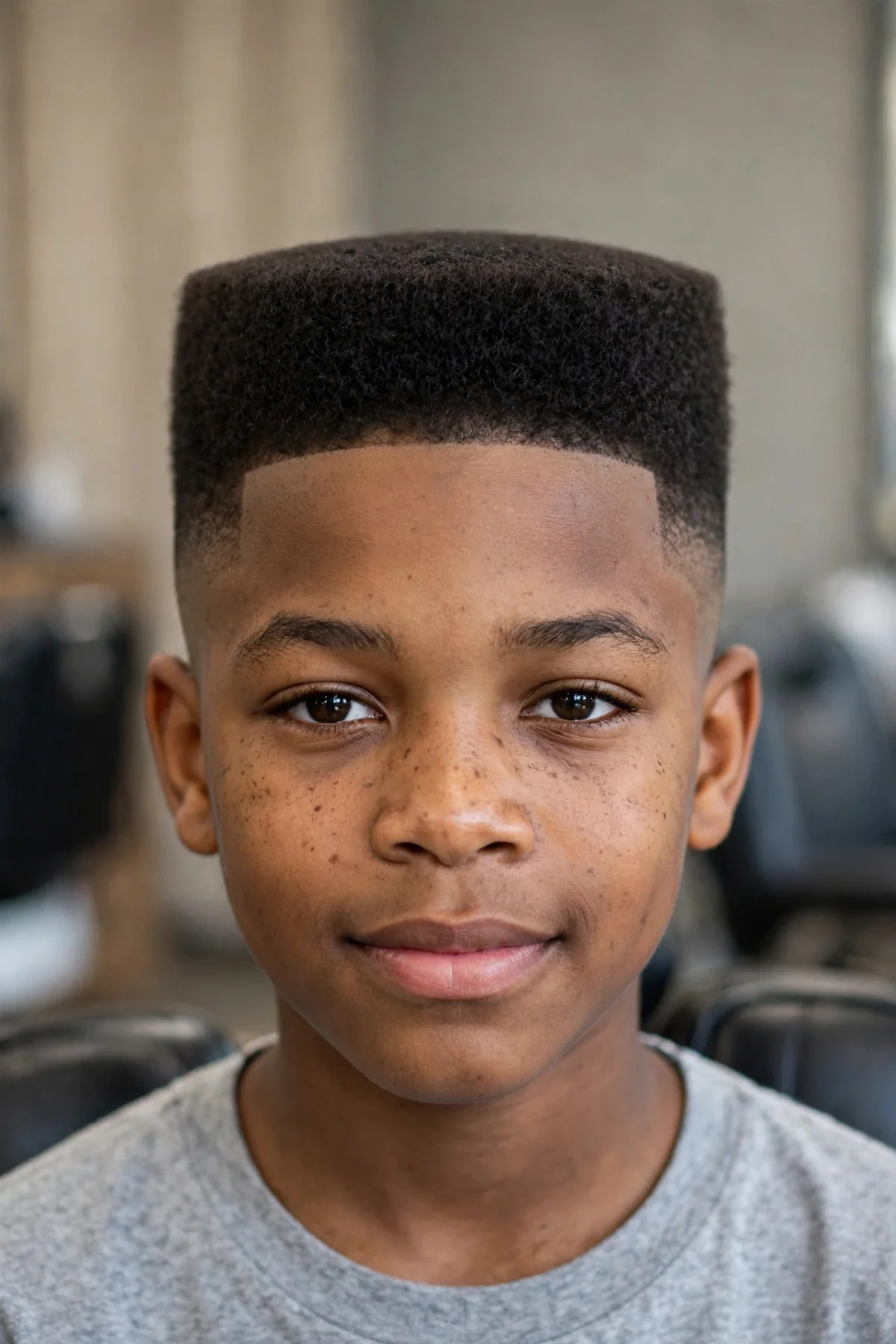 Black boy with a 90s flat top, short sides with hair on top cut perfectly flat and level — 90s boy haircuts