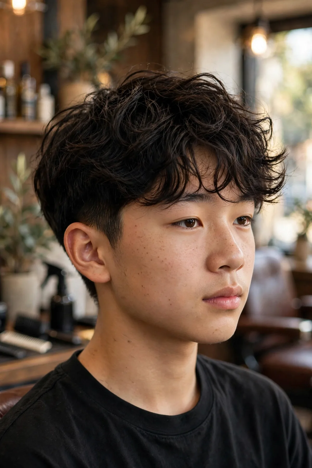 Asian teen boy with a tousled wavy crop asian boy haircut, relaxed natural texture