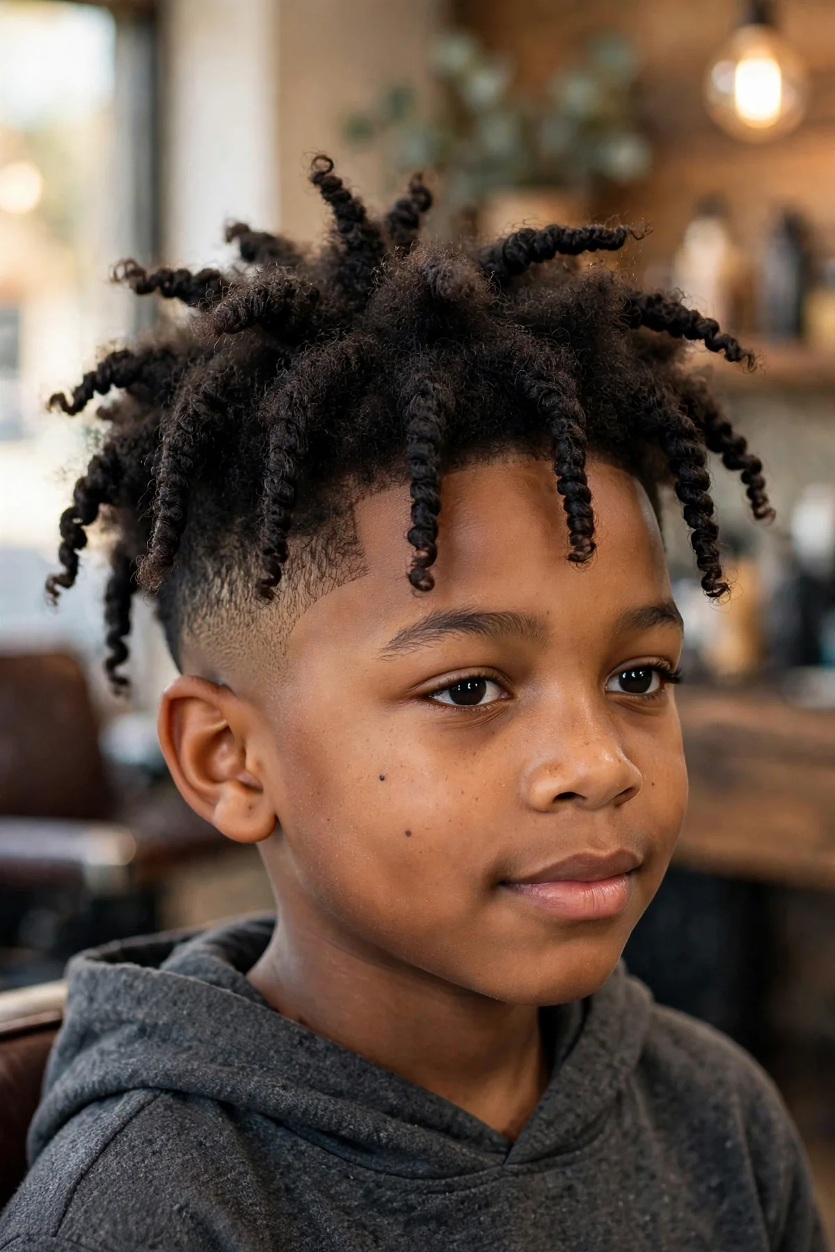 Black boy about 8 years old with a stretched coil-out of elongated defined coils on top and a low taper keeping edges neat