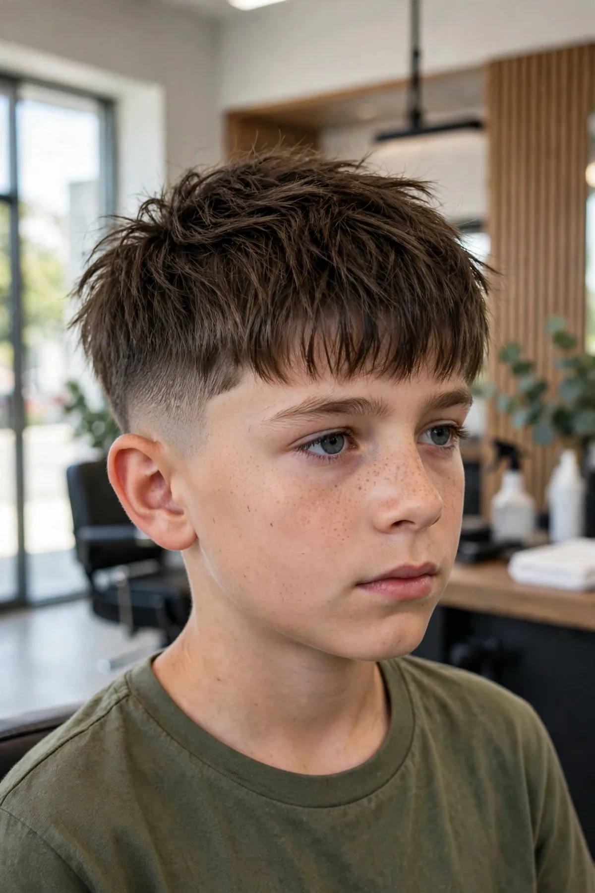 Boy with a shaggy crop haircut, short choppy top with faded sides and a textured fringe