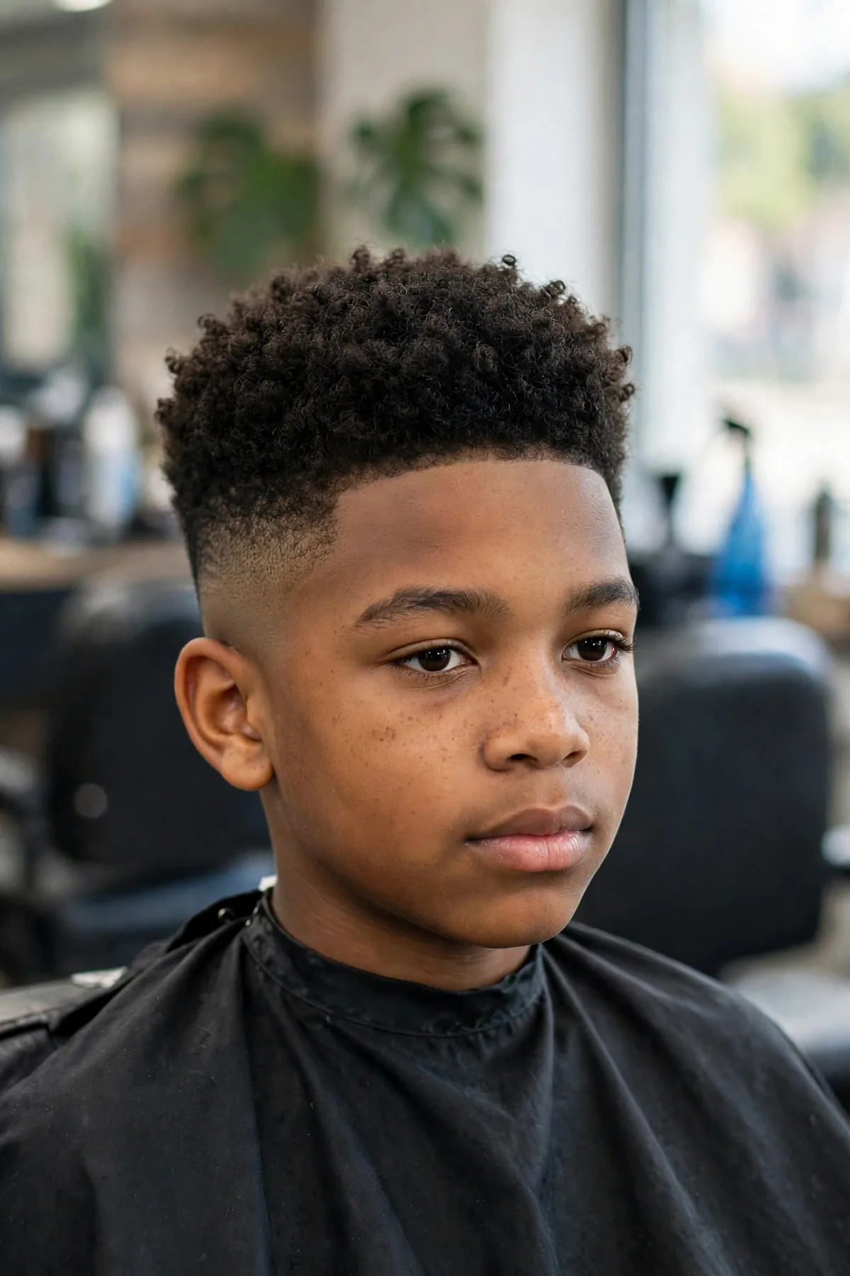 Boy with a short coily high top fade haircut for boys — short coily top with clean skin fade sides