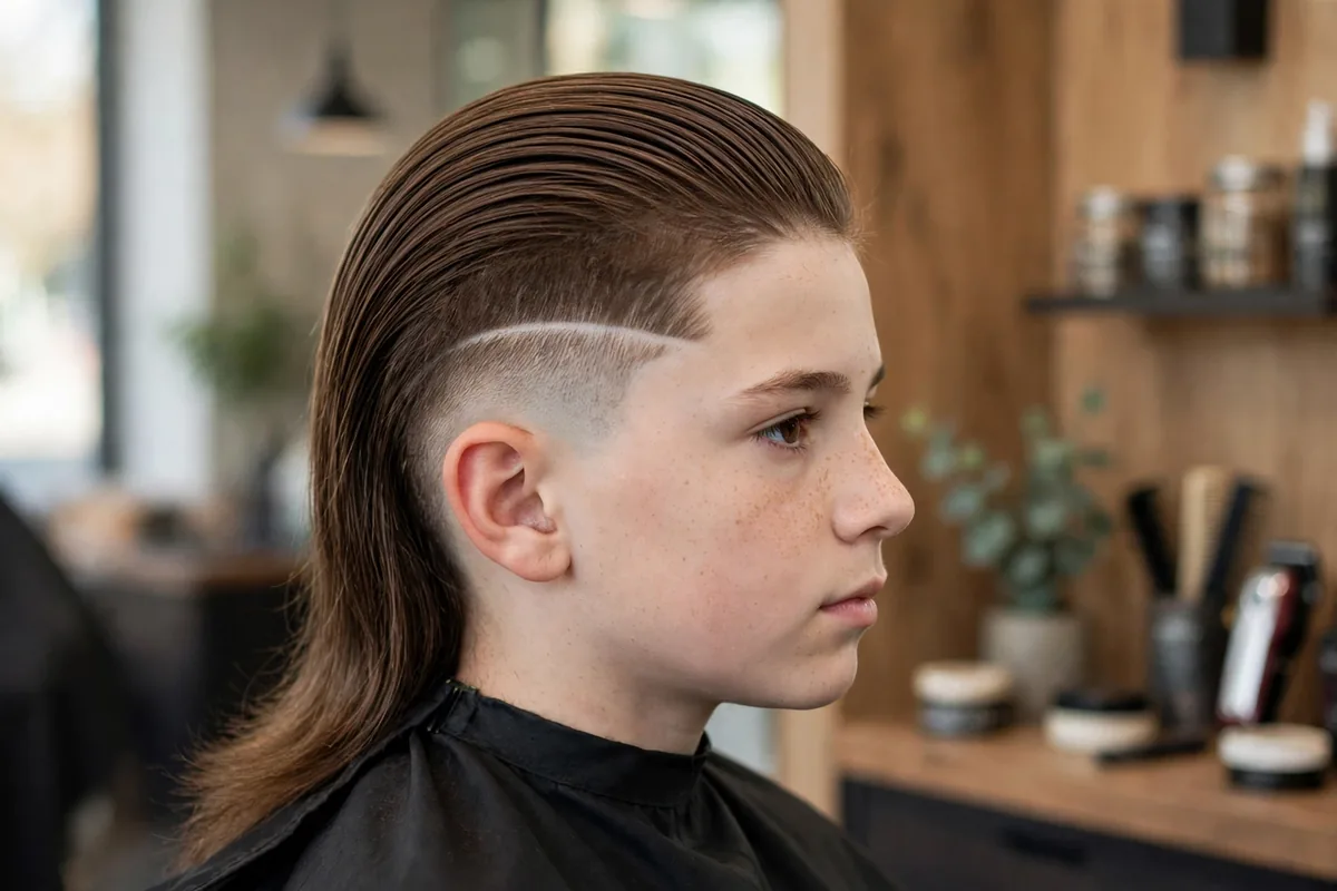 Photorealistic photo of a teen boy with a long undercut, long slicked-back hair on top revealing a clean shaved undercut on the sides, edgy modern barbershop look. A bold longer boys hairstyle.