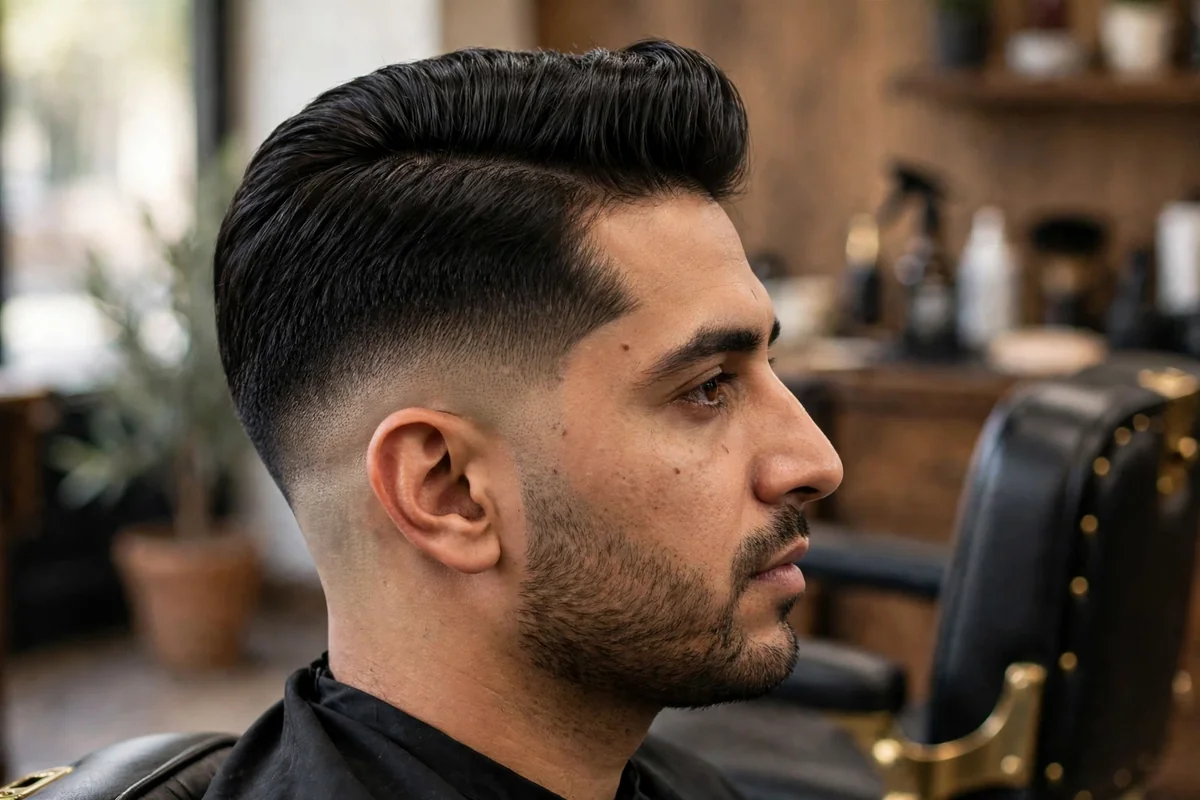 Mini pompadour low skin fade haircut with lift at the front, modern shorter pomp, low fade to skin above the ears