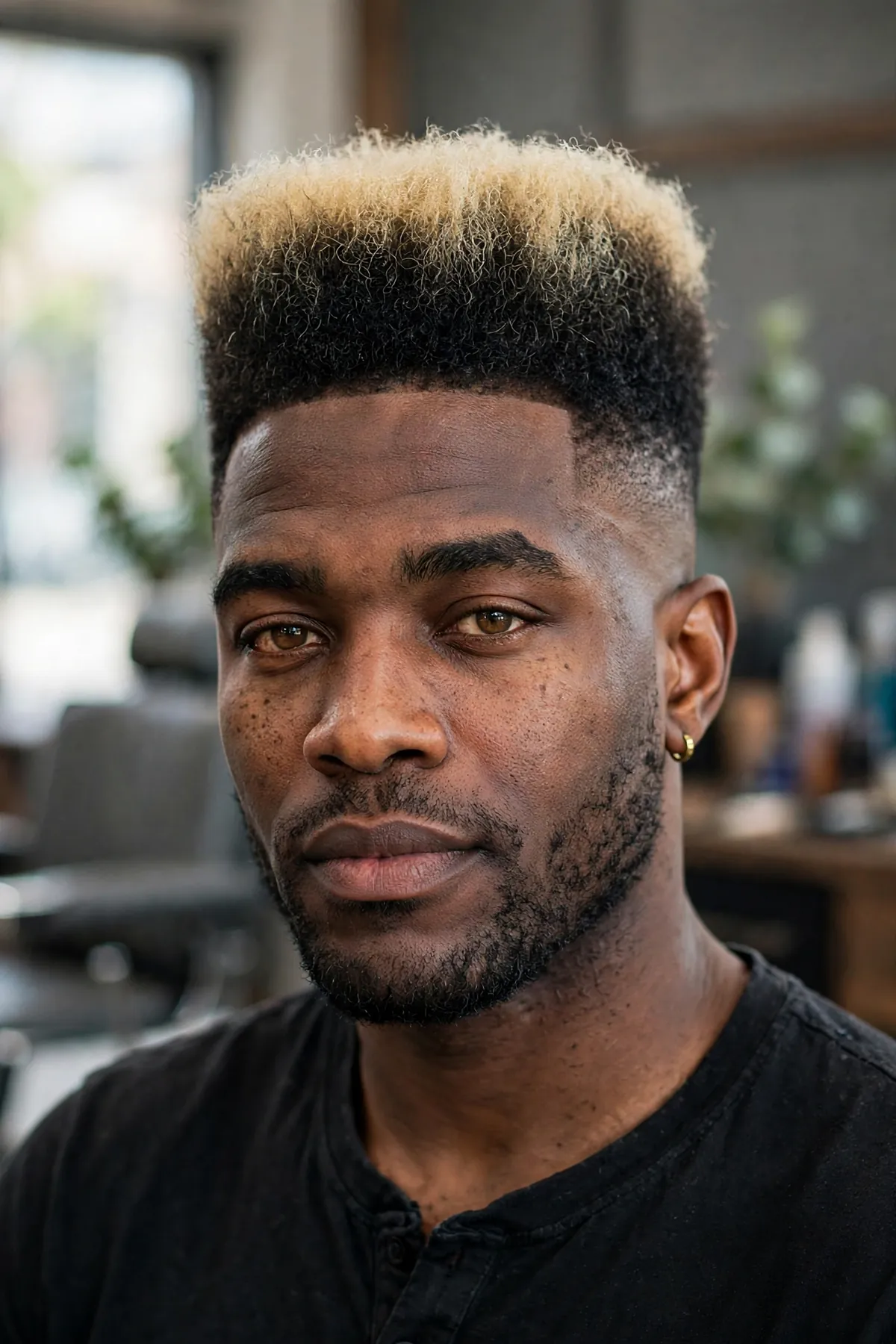 Blonde-tipped high top haircut, tall dark hair with bleached blonde tips and faded sides, stylish barbershop photo