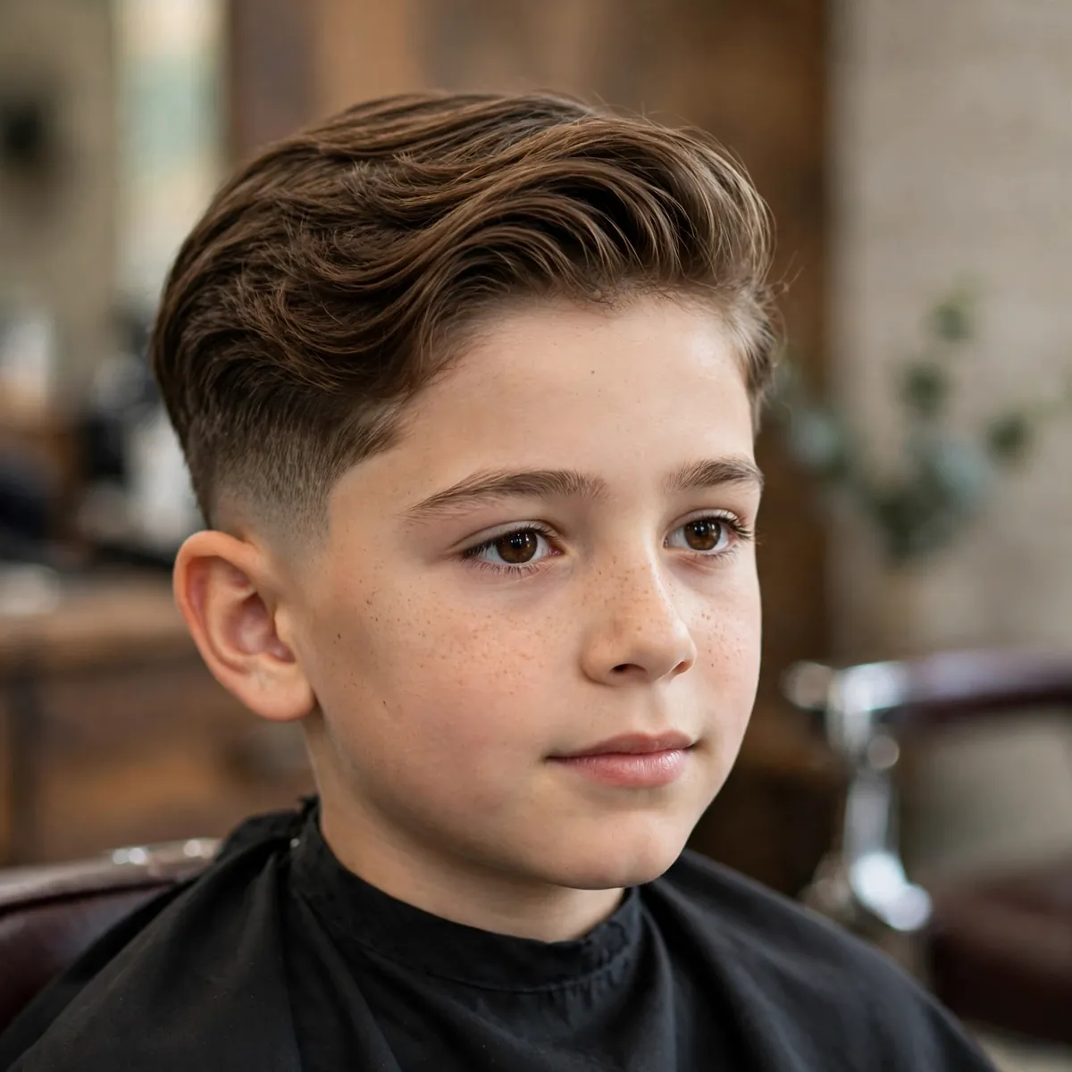 Low taper fade kids haircut with a longer flowing top pushed back