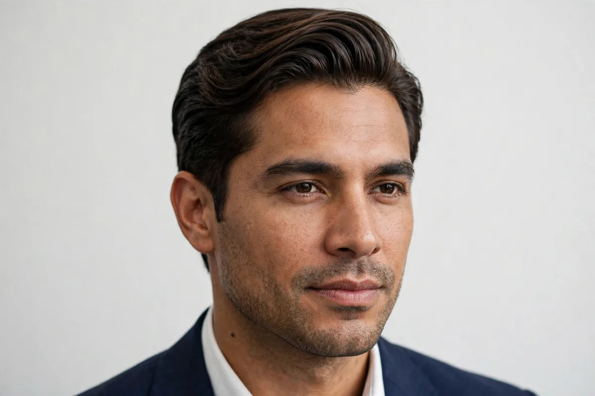 Polished flow old money haircut — medium-length hair swept back in a neat controlled flow