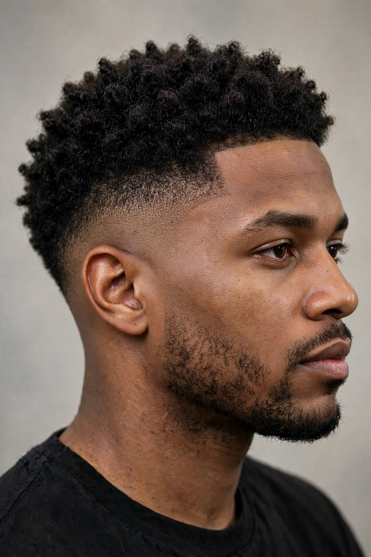 Tight coils with mid drop fade haircut, short afro texture barber photo