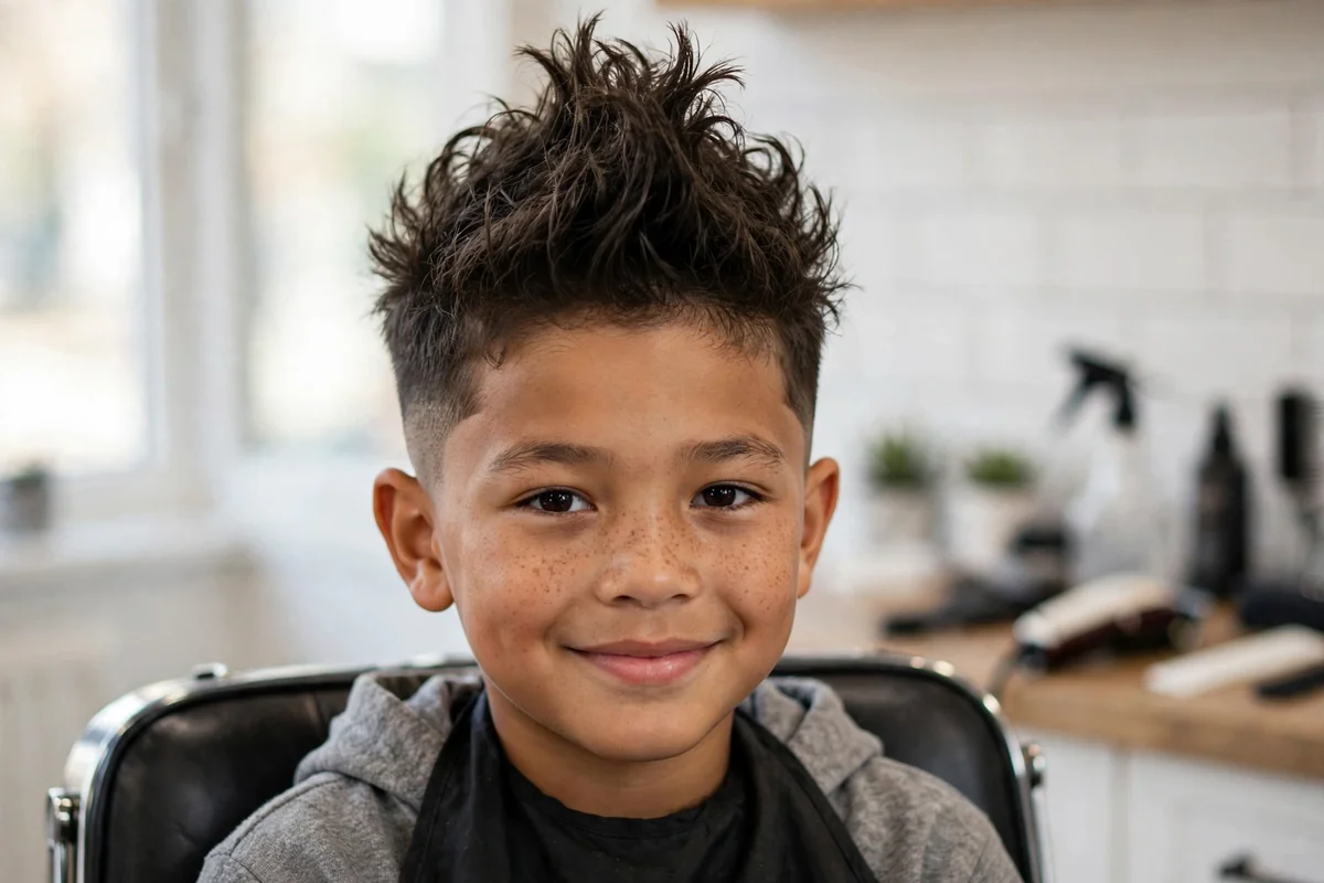 Boy with a faux hawk fade, strip of longer hair down the center with faded sides, a bold cool haircut for boys