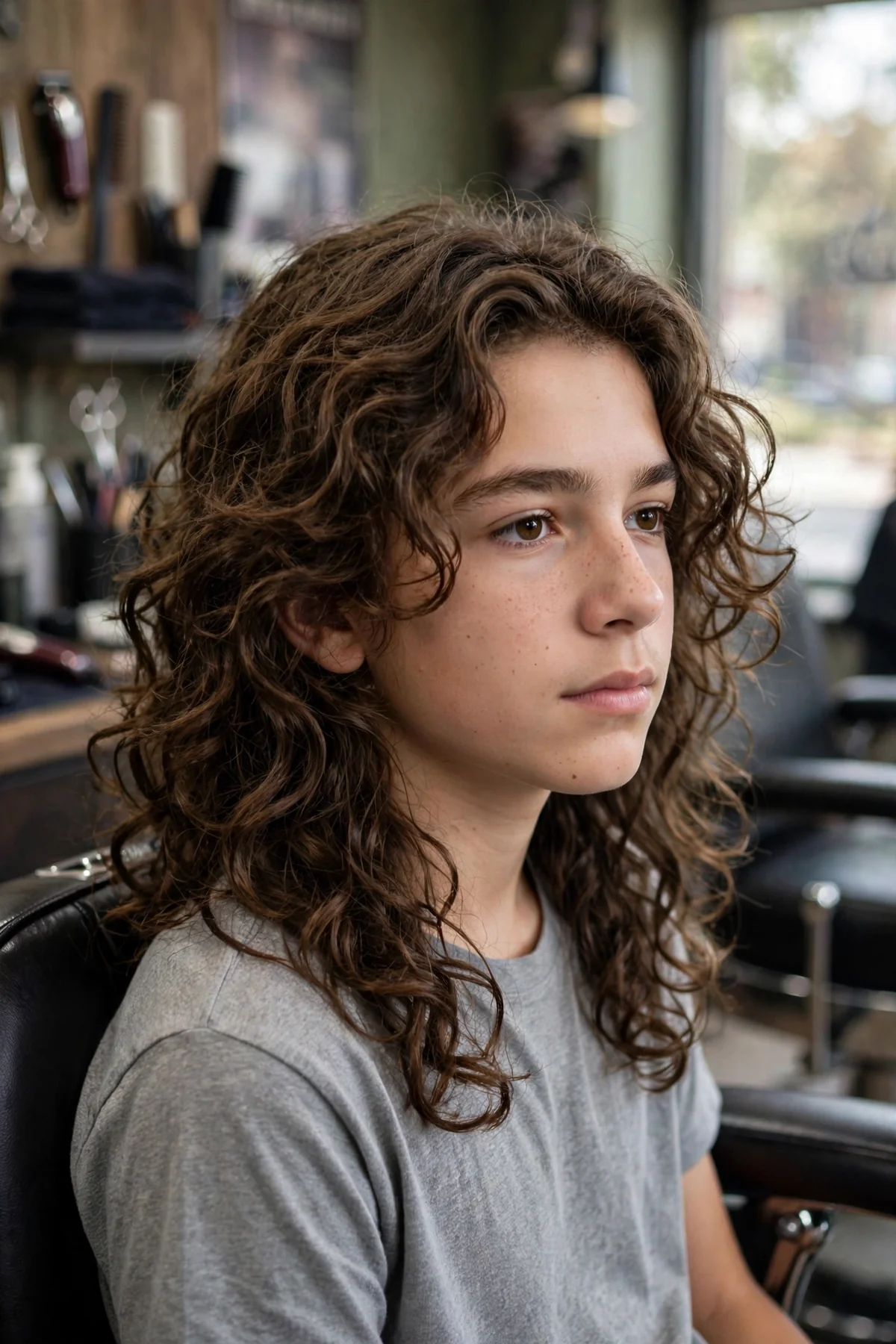 Shoulder length curly hair on a boy with long layered curls falling naturally