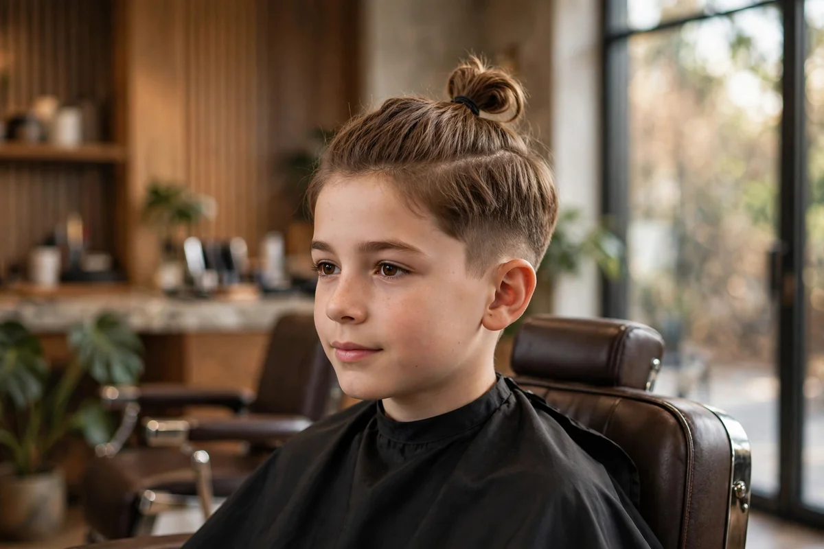 Boy with top knot hairstyle, long hair tied in a knot on the crown