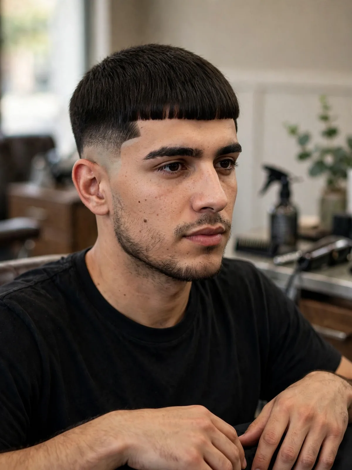 Short edgar haircut for men — blunt straight fringe, low skin fade, line up