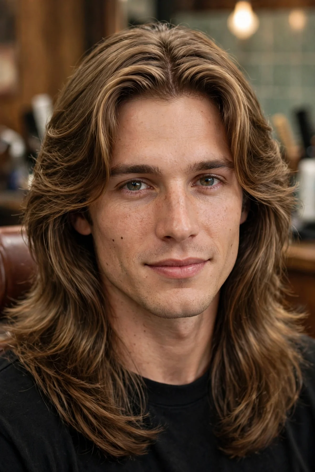 Long flowy curtain bangs haircut for men with fringe blending into longer hair