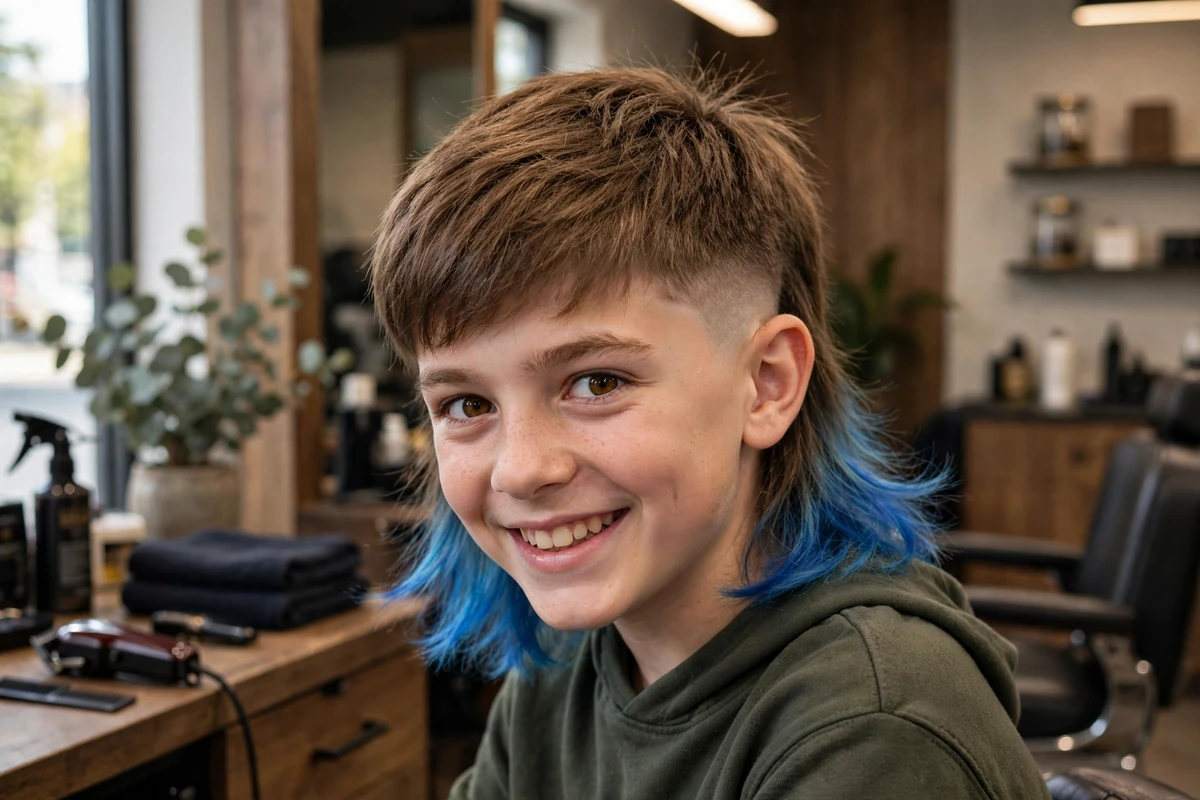 Boy with a colored-tip kids mullet haircut — temporary blue color on the tips of the back hair, faded sides