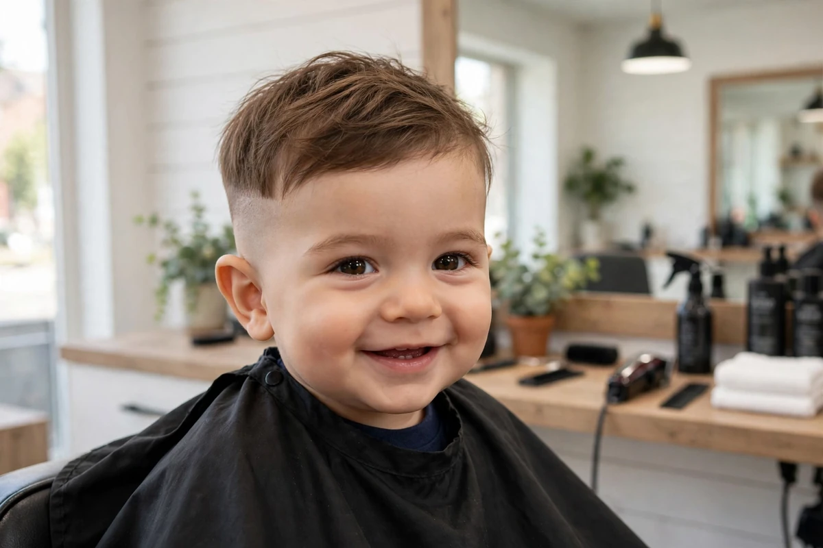 Baby boy with skinny sides combo haircut, short sides longer top baby boy haircut