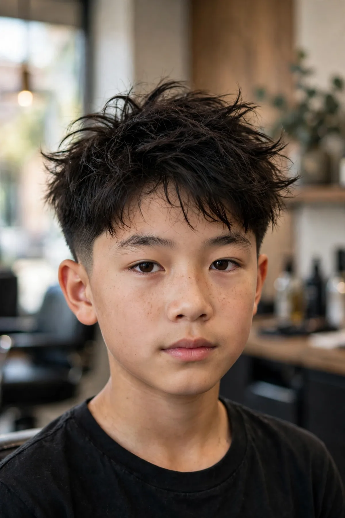 Asian boy with a messy textured top asian boy haircut, tousled longer top and neat sides