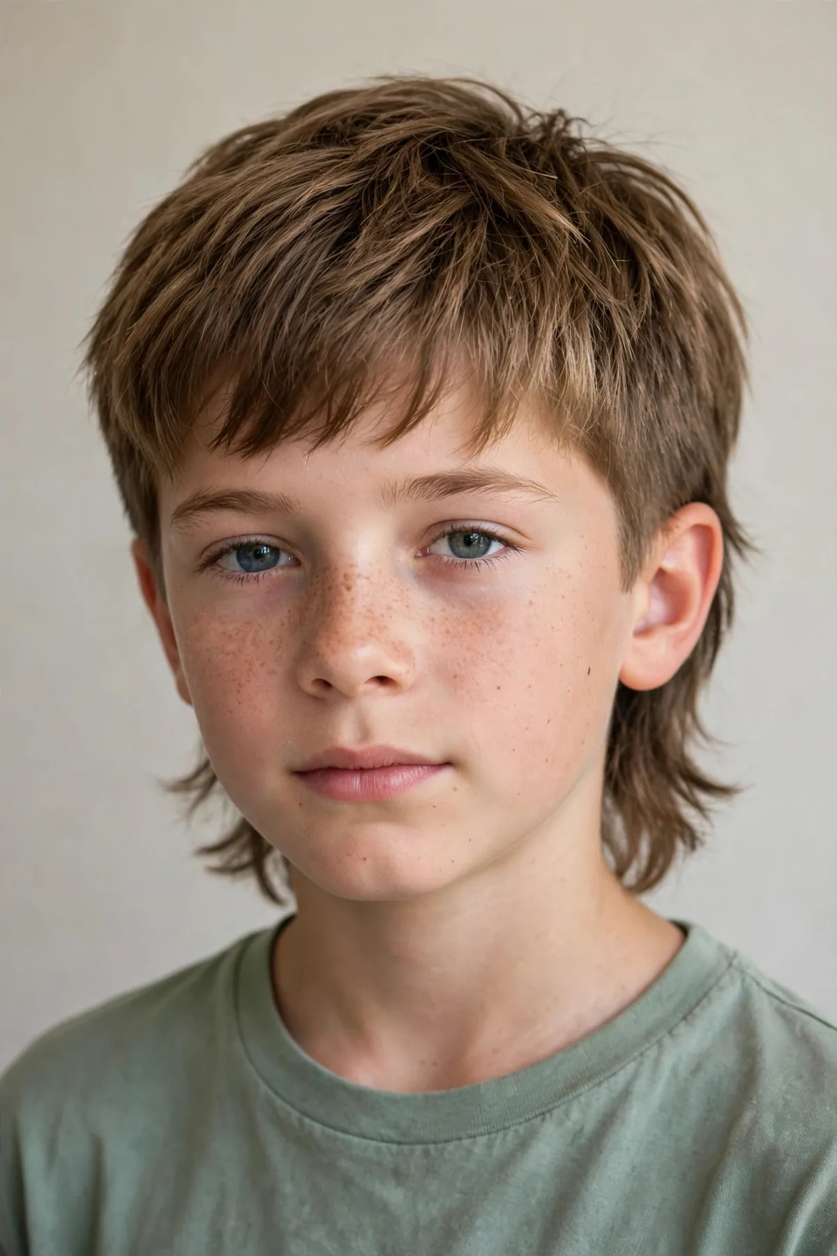 Boy with a mini mullet shag, short choppy front and sides with a slightly longer layered back