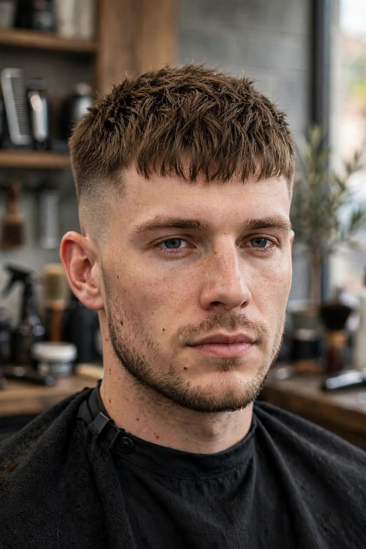 Textured crop fade haircut with french crop fringe