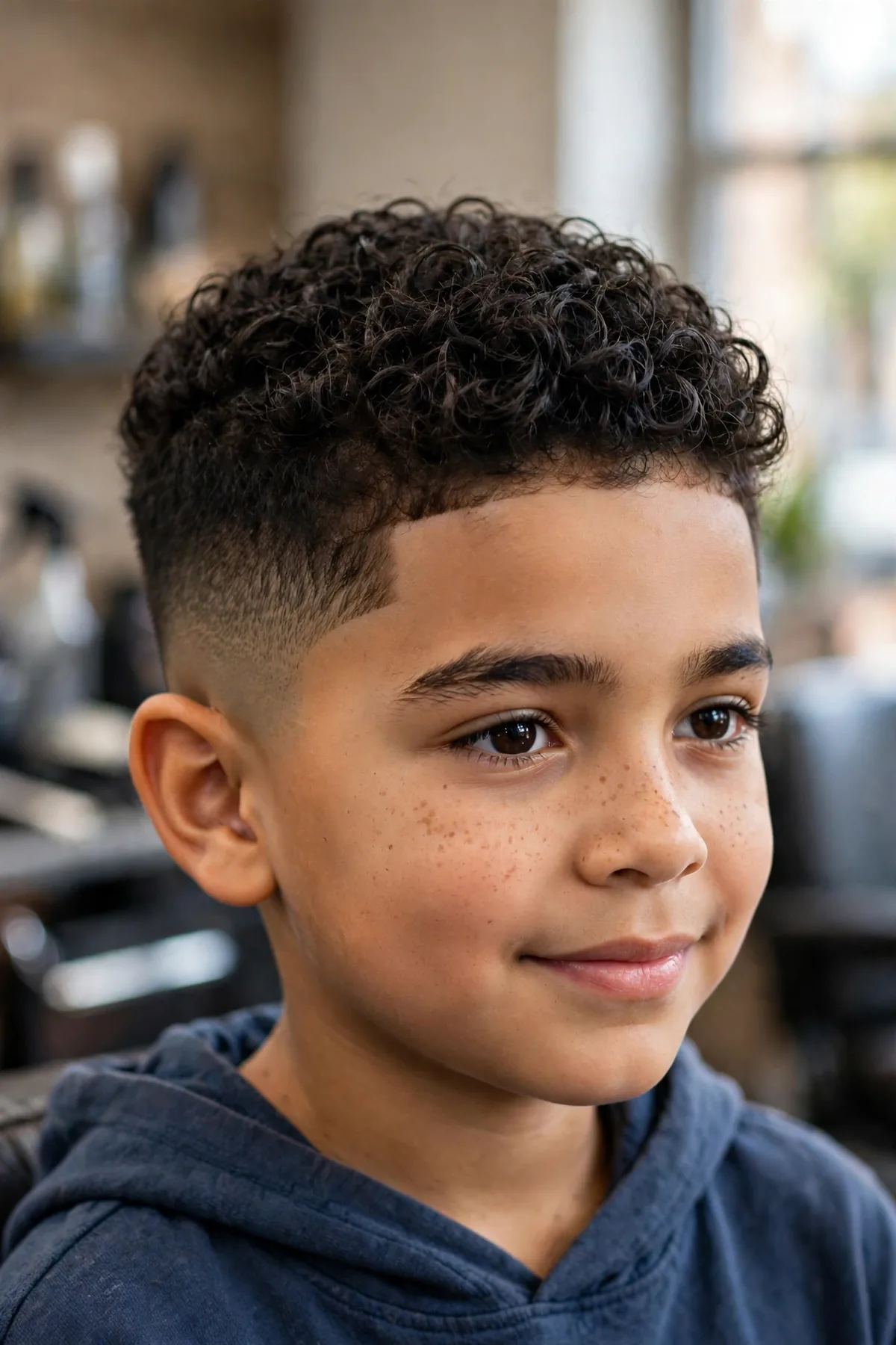 Boy with a curly temp fade short haircut for boys — short curls on top with a temp fade around the temples