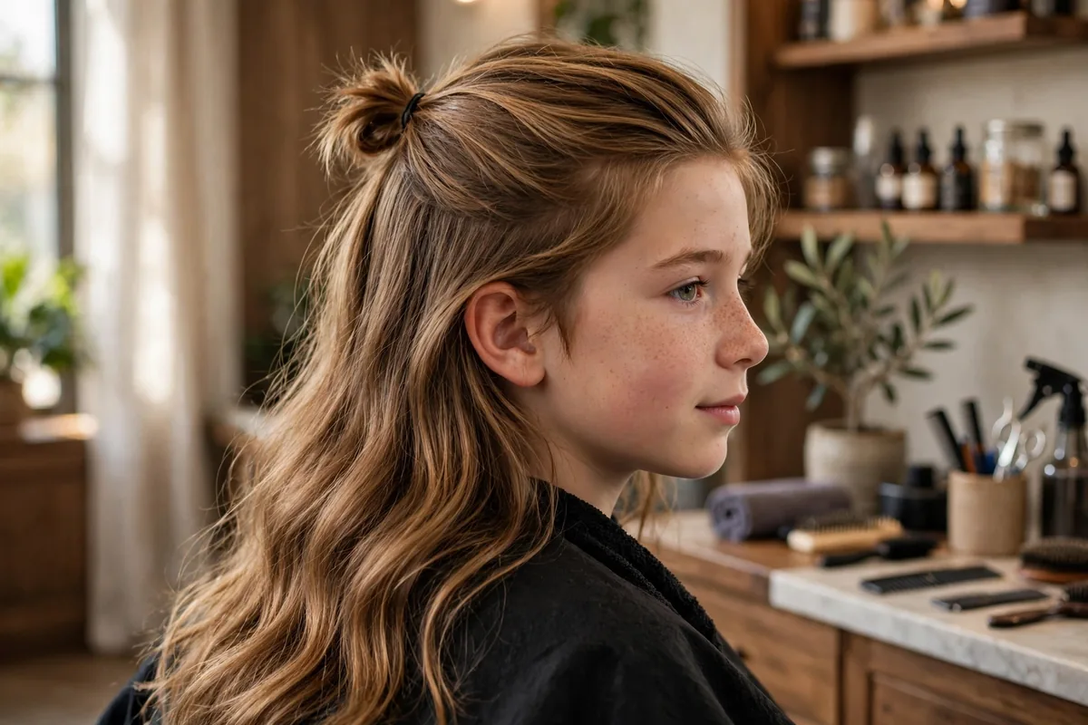 Photorealistic photo of a boy with a half-up longer hairstyle, the top half of his long hair tied back with the rest flowing free, natural modern barbershop styling. A versatile longer haircut for boys.