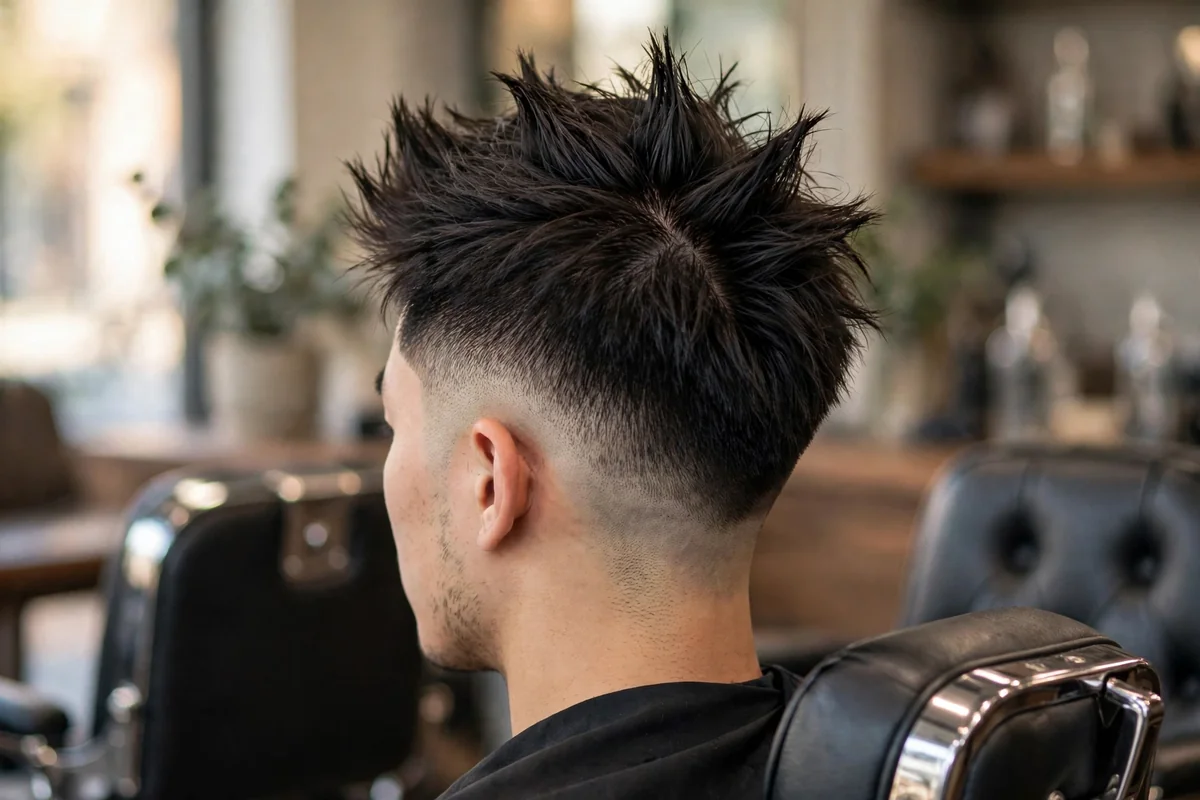 Faux hawk low skin fade haircut, hair styled up toward a center strip, low skin fade replacing shaved sides