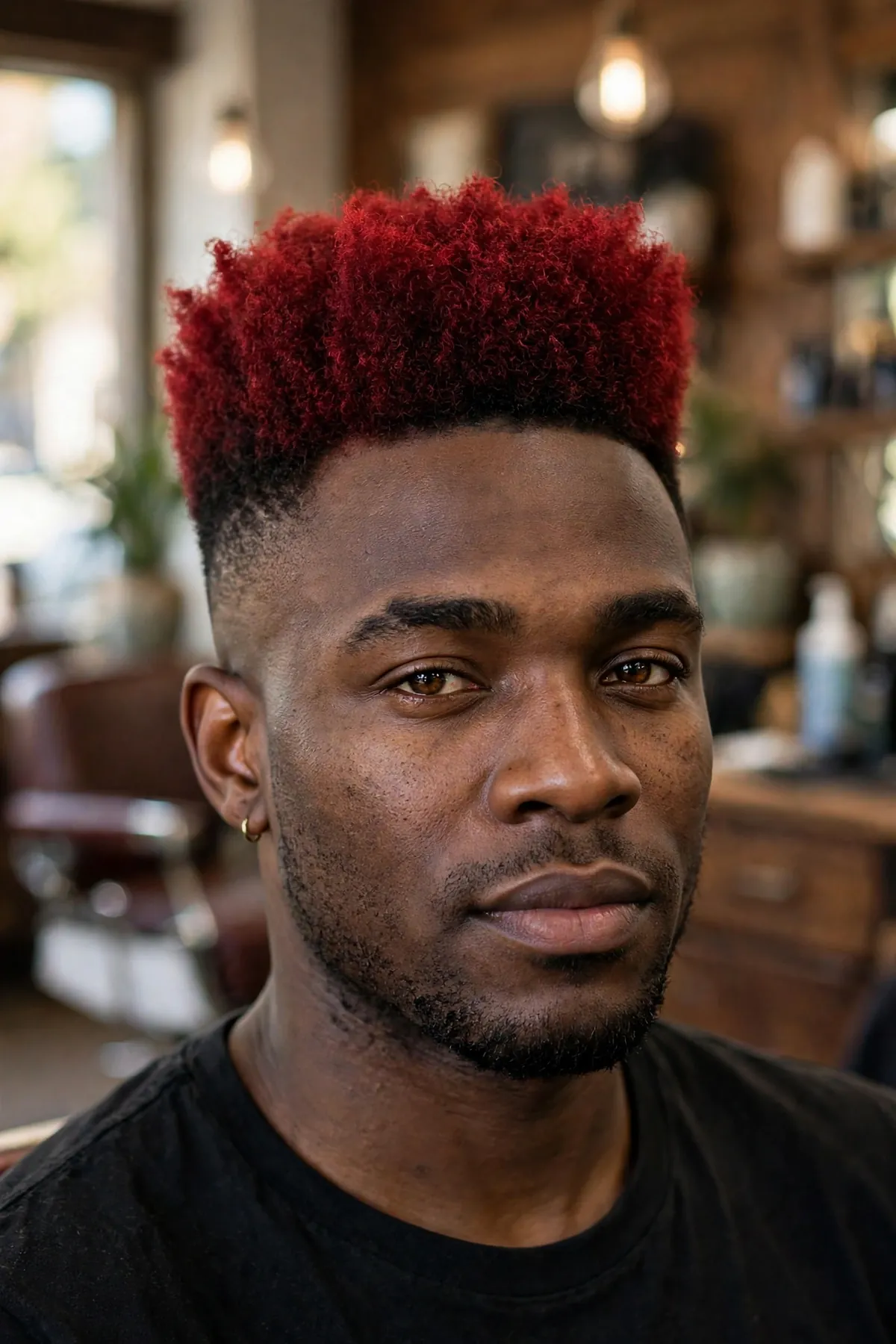 Colored high top haircut, tall vibrant red-dyed hair on top with faded sides, creative barbershop photography