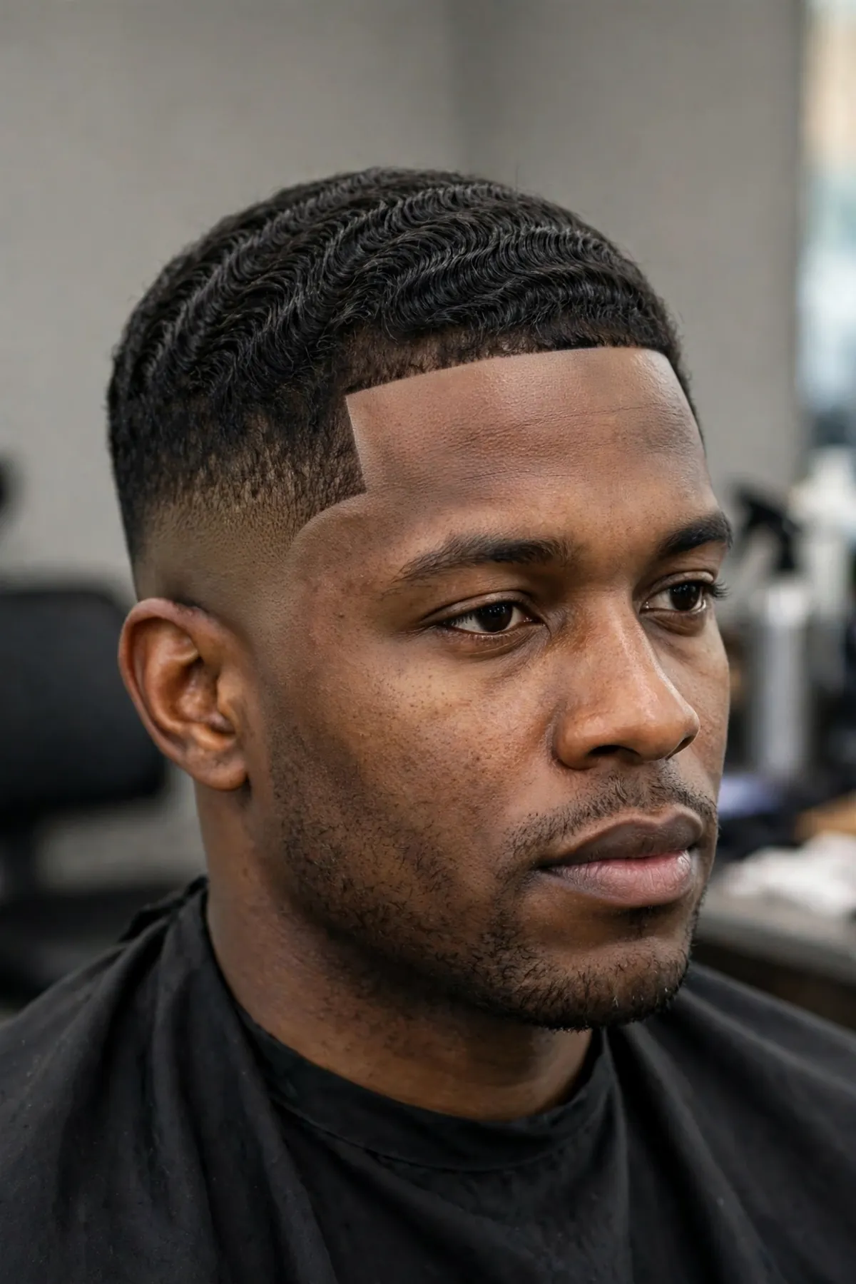 360 waves with a high skin fade on a Black man, rippled waves and sharp lineup