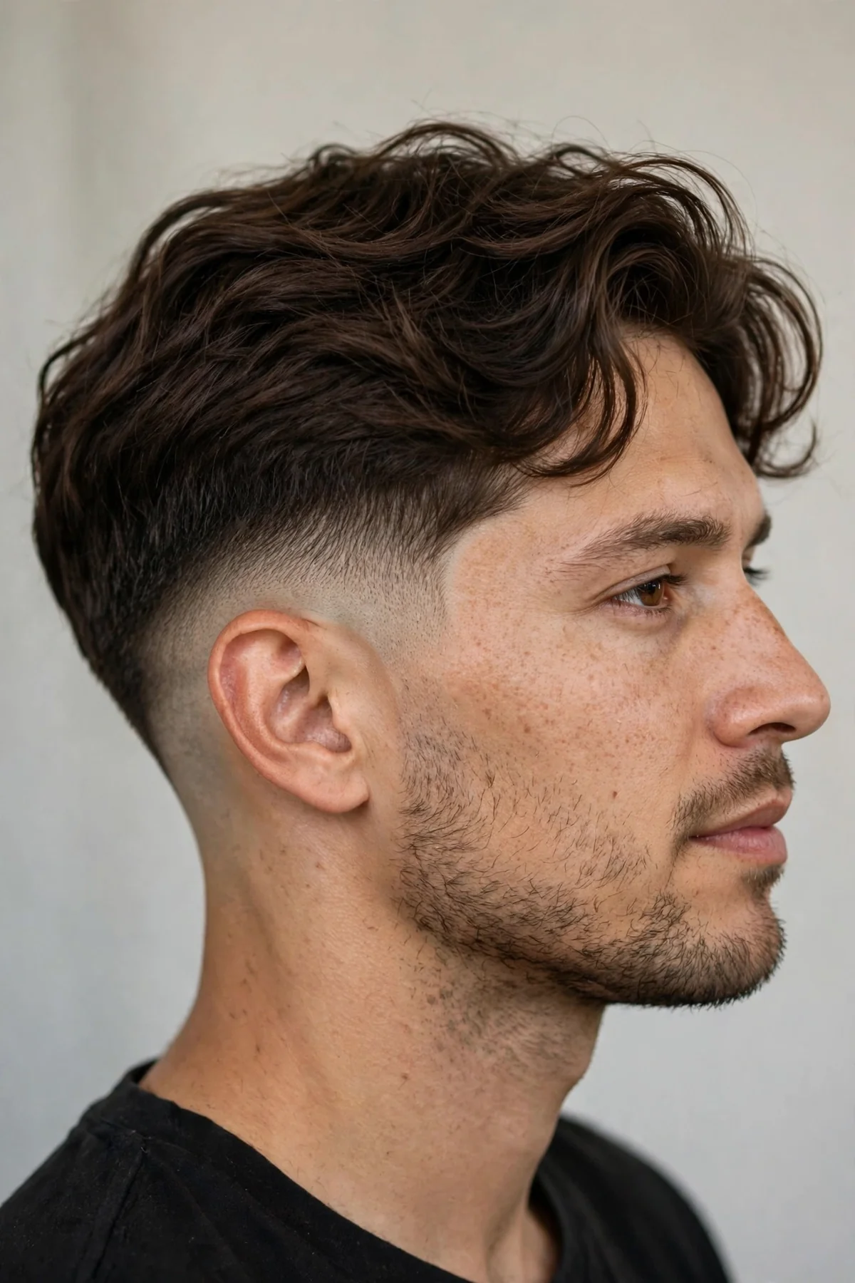 Loose wavy hair with mid drop fade haircut, natural movement barber photo