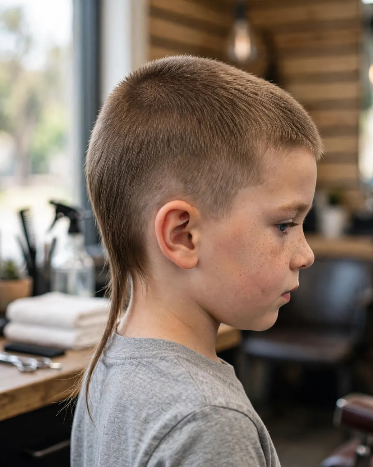 Rat tail boys mullet haircut photo — short neat cut with single thin braided tail in back