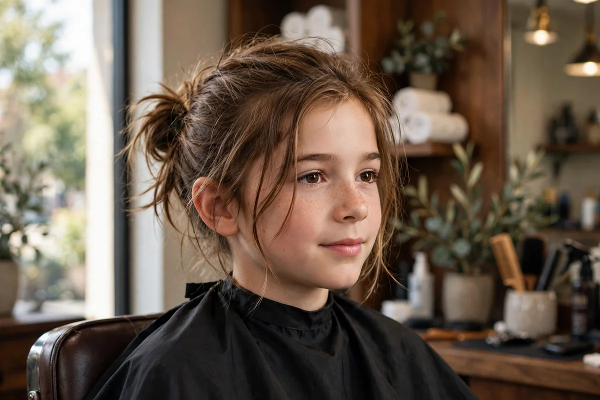 Boy with full messy bun, long hair loosely tied up with strands framing face