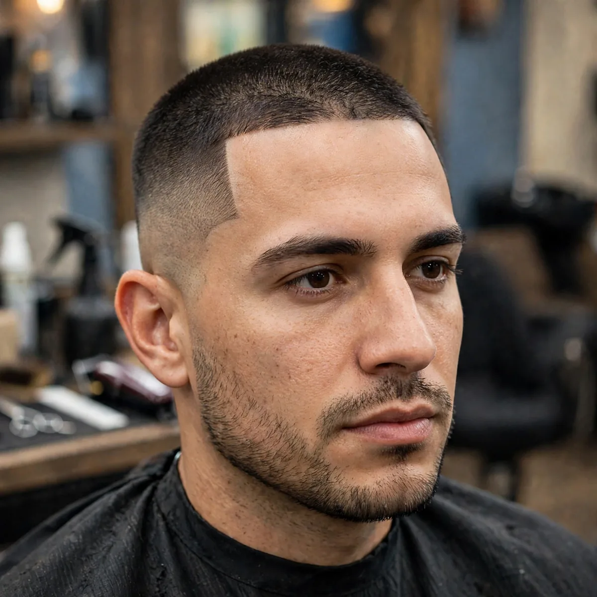 Short fade with precise line-up edges on the hairline, a sharp simple haircut for men